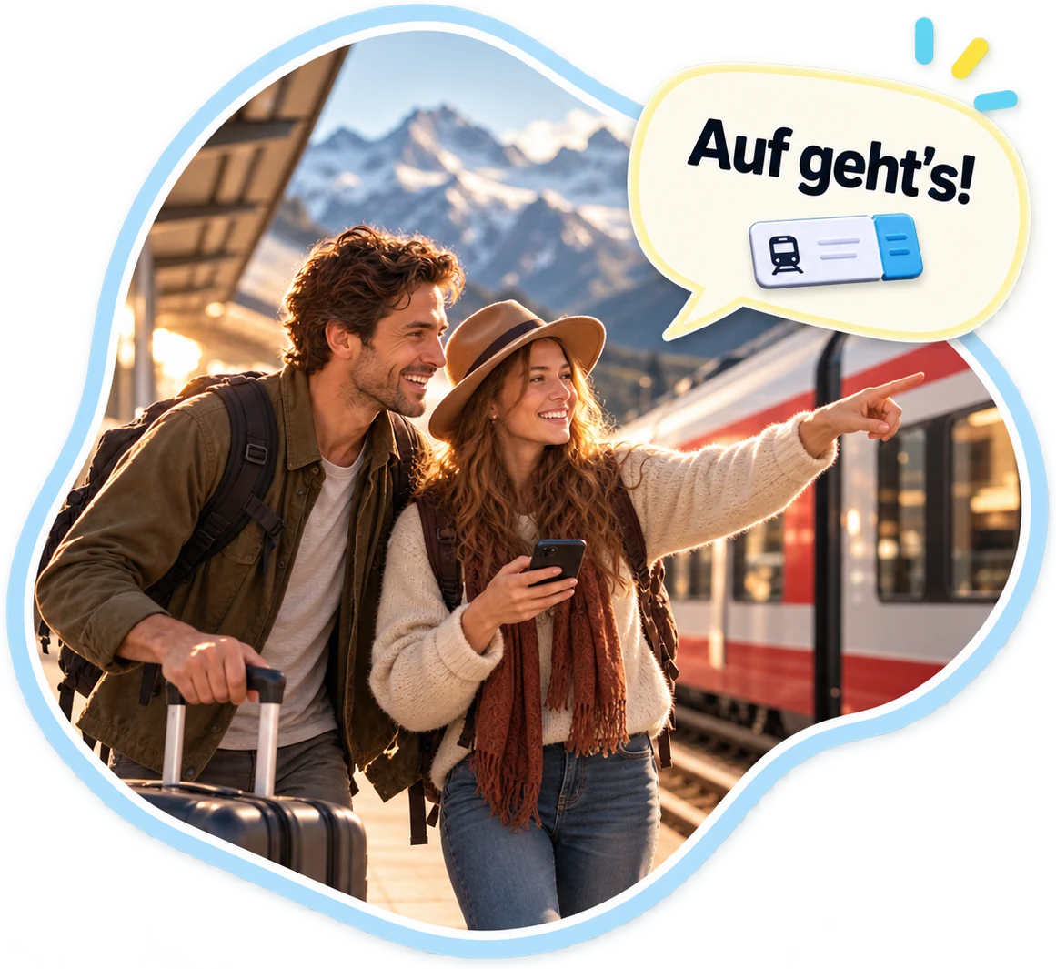 Ein Paar mit Koffer und Smartphone auf dem Bahnsteig vor Schweizer Bergen: «Auf geht’s!»