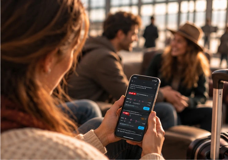 Reisende nutzt den digitalen Reiseassistenten auf dem Smartphone