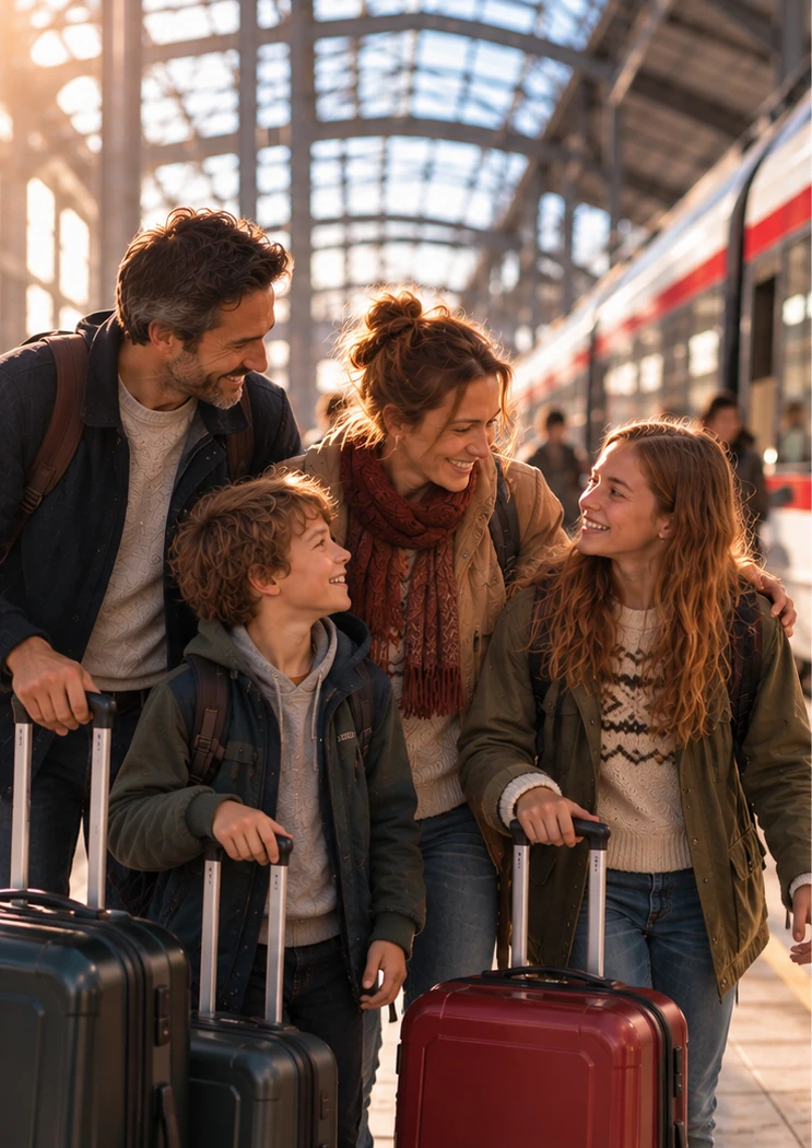 Familie mit Koffern am Bahnhof